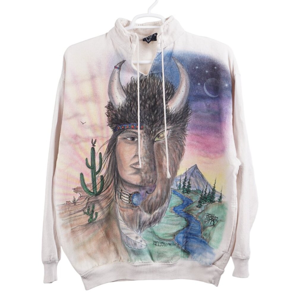 VINTAGE 90s Wek The World Sweatshirt L/XL Beige Native American Bison Graphic